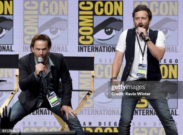 Actors Richard Speight Jr. And Rob Benedict perform onstage at the "Supernatural" panel during Comic-Con International 2017 at San Diego Convention...