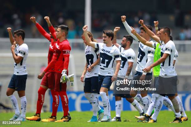 Players of Pumas celebrate after wining the 1st round match between Pumas UNAM and Pachuca as part of the Torneo Apertura 2017 Liga MX at Olimpico...