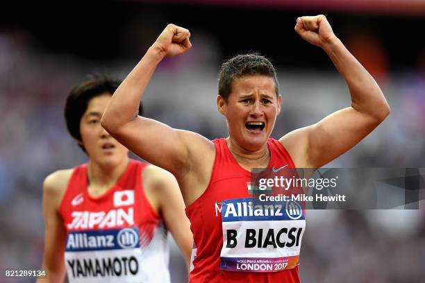 Bernadett Biacsi of Hungary celebrates winning gold in the Womens 800m T20 final during day ten of the IPC World ParaAthletics Championships 2017 at...