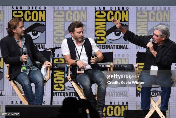 Actors Richard Speight Jr. And Rob Benedict and director/producer Robert Singer at the "Supernatural" panel during Comic-Con International 2017 at...