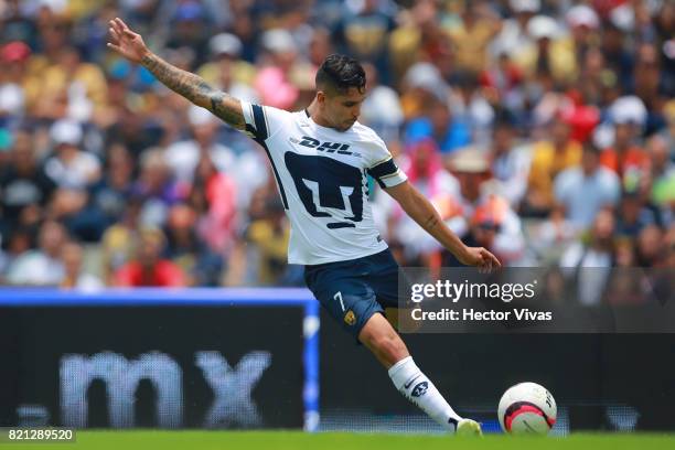 David Cabrera of Pumas kicks the ball during the 1st round match between Pumas UNAM and Pachuca as part of the Torneo Apertura 2017 Liga MX at...