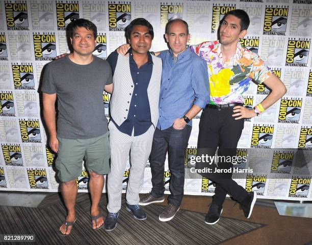 Producer Arvind Ethan David, showrunner Robert Cooper, and creator Max Landis at BBC AMERICA'S San Diego Comic-Con Press Line with the Stars and...