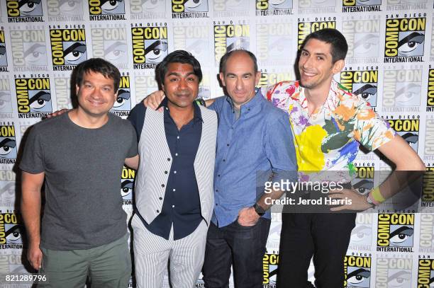 Producer Arvind Ethan David, showrunner Robert Cooper, and creator Max Landis at BBC AMERICA'S San Diego Comic-Con Press Line with the Stars and...