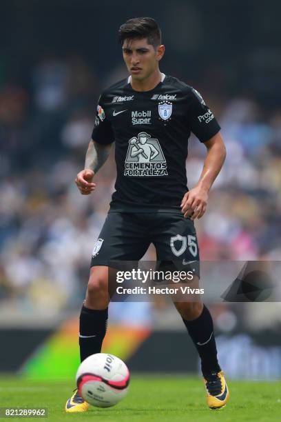 Victor Guzman of Pachuca drives the ball during the 1st round match between Pumas UNAM and Pachuca as part of the Torneo Apertura 2017 Liga MX at...