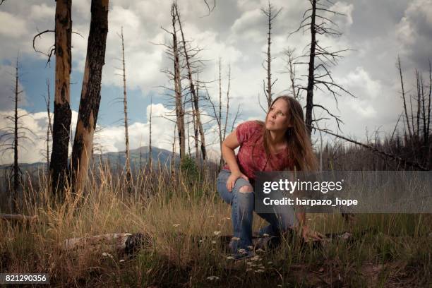 kneeling woman in a burnt forest - northern european descent ストックフォトと画像