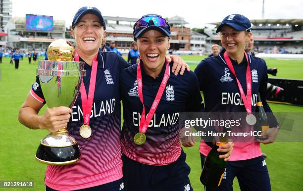 Katherine Brunt and Alex Hartley of England celebrates during the ICC Women's World Cup 2017 Final between England and India at Lord's Cricket Ground...