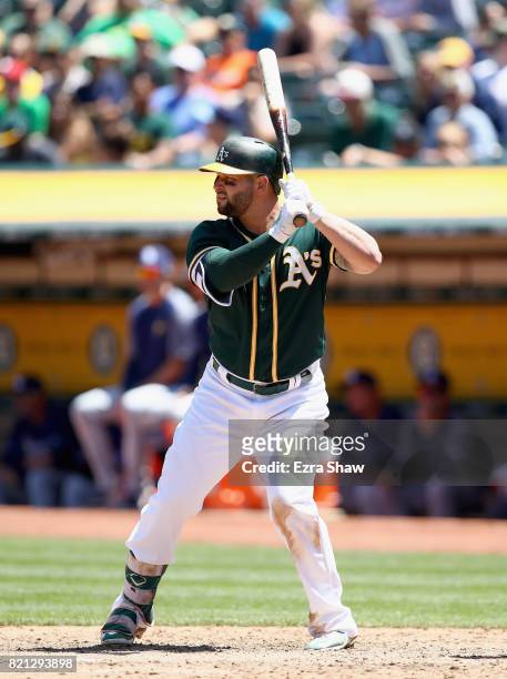 Yonder Alonso of the Oakland Athletics bats against the Tampa Bay Rays at Oakland Alameda Coliseum on July 19, 2017 in Oakland, California.