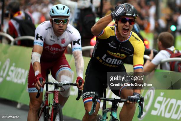 Dylan Groenewegen of Netherlands riding for Team Lotto NL-Jumbo celebrates after winning stage 21 of the 2017 Le Tour de France, a 103km stage from...