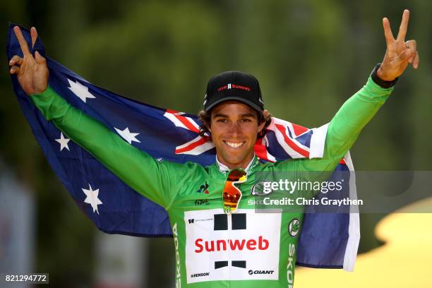 Michael Matthews of Australia riding for Team Sunweb celebrates on the podium after winning the green points jersey of the 2017 Le Tour de France, on...
