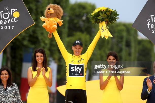 Christopher Froome of Great Britain riding for Team Sky celebrates on the podium after the overall general classification of the 2017 Le Tour de...