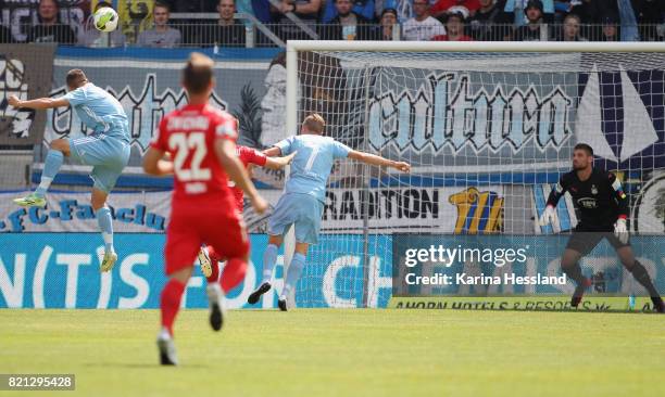 Daniel Frahn of Chemnitz scores the opening goal during the 3.Liga match between Chemnitzer FC and FSV Zwickau at community4you Arena on July 23,...