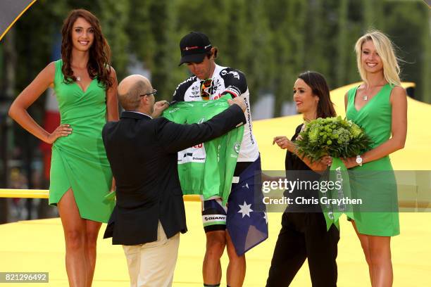 Michael Matthews of Australia riding for Team Sunweb celebrates on the podium after winning the green points jersey of the 2017 Le Tour de France, on...