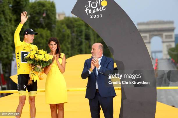 Christopher Froome of Great Britain riding for Team Sky celebrates on the podium after the overall general classification of the 2017 Le Tour de...