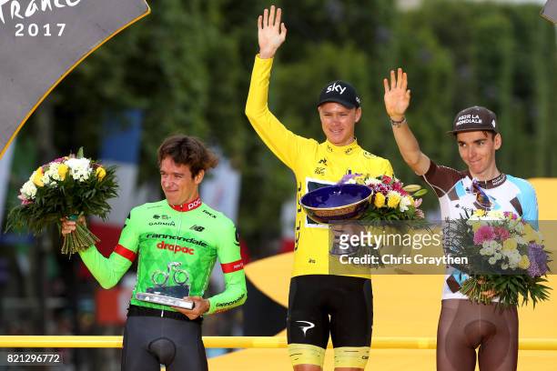 Second place Rigoberto Uran of Colombia riding for Cannondale Drapac, overall winner Christopher Froome of Great Britain riding for Team Sky and...