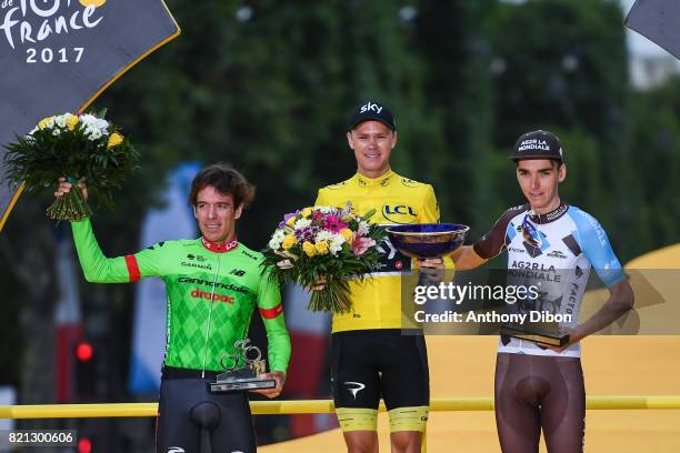 Rigoberto Uran of Cannondale, Christopher Froome of Team Sky, Romain Bardet of AG2R during the stage 21 from Montgeron to Paris at Avenue Des Champs...