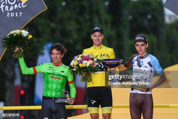 Rigoberto Uran of Cannondale, Christopher Froome of Team Sky, Romain Bardet of AG2R during the stage 21 from Montgeron to Paris at Avenue Des Champs...