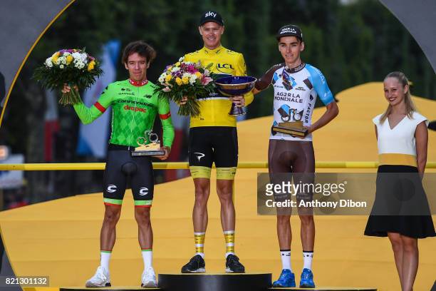 Rigoberto Uran of Cannondale, Christopher Froome of Team Sky, Romain Bardet of AG2R during the stage 21 from Montgeron to Paris at Avenue Des Champs...
