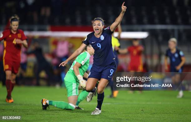 Jodie Taylor of England Women celebrates after scoring a goal to make it 2-0 during the UEFA Women's Euro 2017 match between England and Spain at Rat...