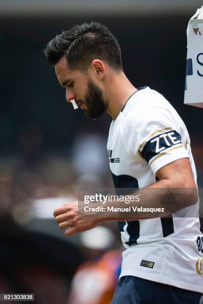 Luis Quintana of Pumas reacts after being injured during the 1st round match between Pumas UNAM and Pachuca as part of the Torneo Apertura 2017 Liga...