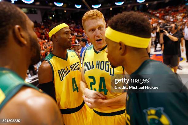 Brian Scalabrine of the Ball Hogs talks with teammates during a timeout against the Power during week five of the BIG3 three on three basketball...