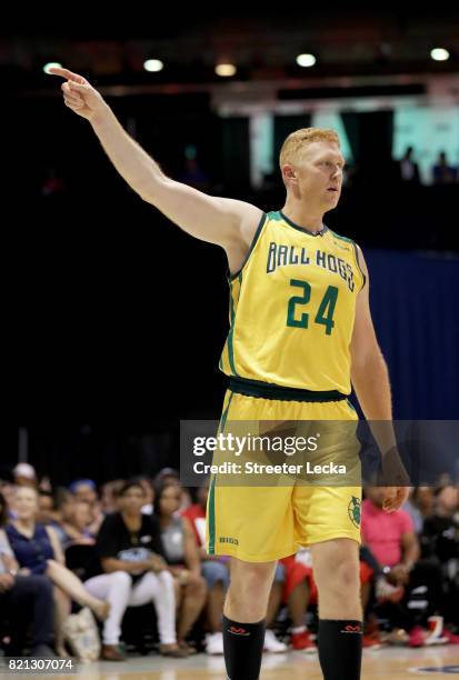 Brian Scalabrine of the Ball Hogs reacts during the game against the Power during week five of the BIG3 three on three basketball league at UIC...