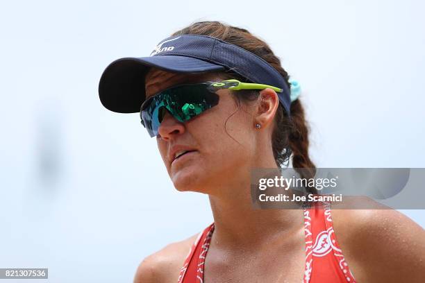 Angela Bensend looks on from the sidelines during a break in action of the women's semifinal at AVP Hermosa Beach Open on July 23, 2017 in Hermosa...