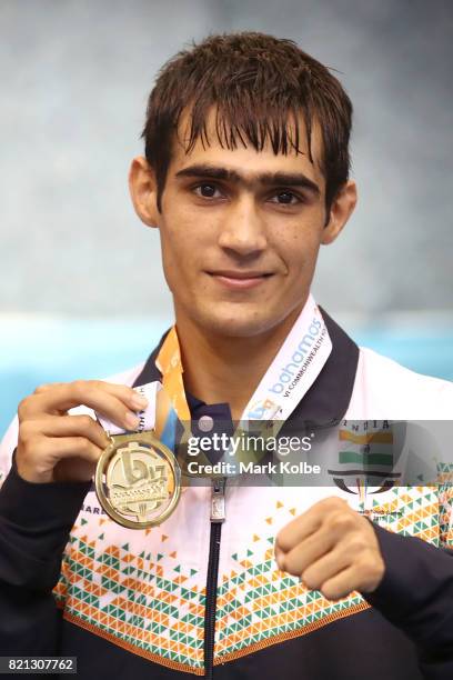 Sachin of India pose with gold medal during the presentation forBoys 49 kg Gold Medal on day 6 of the 2017 Youth Commonwealth Games at Kendal G L...