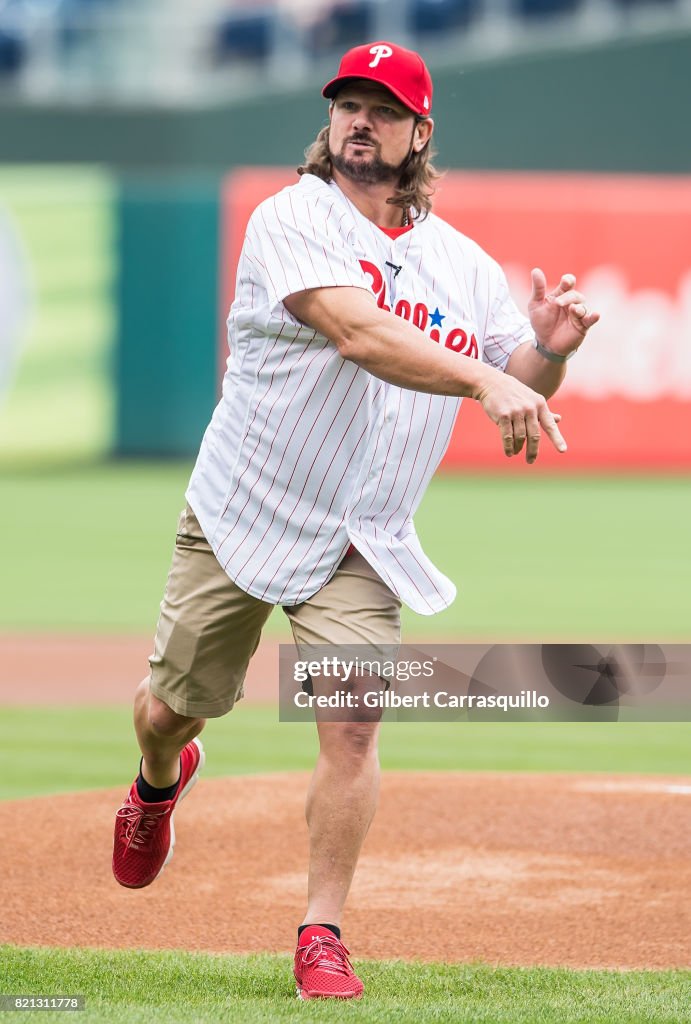 AJ Styles Throws Out The First Pitch At The Milwaukee Brewers Vs Philadelphia Phillies Game - July 23, 2017