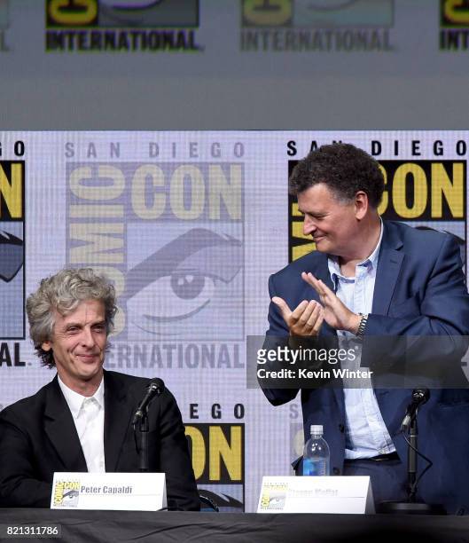 Actor Peter Capaldi and writer Steven Moffat speak onstage at the "Doctor Who" BBC America official panel during Comic-Con International 2017 at San...