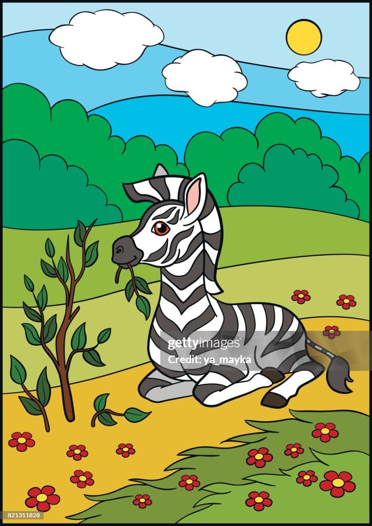 Cartoon Animals Little Cute Baby Zebra Eats High-Res Vector Graphic - Getty  Images