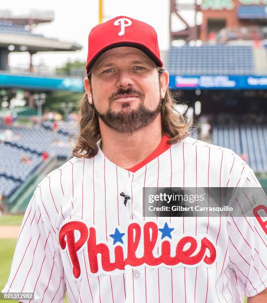 Professional wrestler A.J. Styles throws out the first pitch at the Milwaukee Brewers Vs Philadelphia Phillies Game at Citizens Bank Park on July 23,...