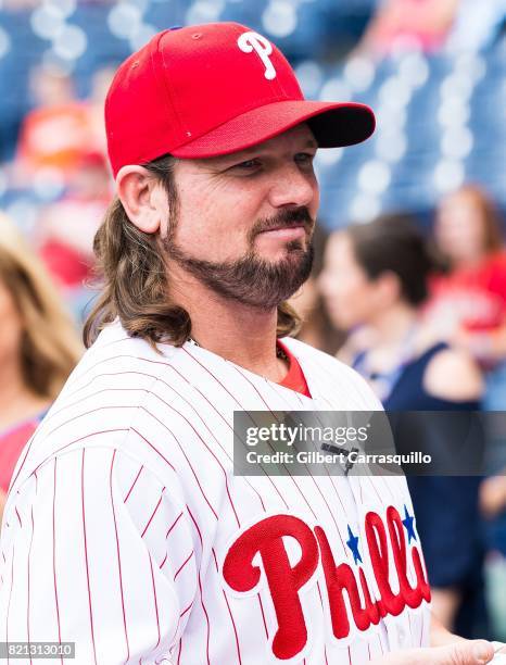 Professional wrestler A.J. Styles throws out the first pitch at the Milwaukee Brewers Vs Philadelphia Phillies Game at Citizens Bank Park on July 23,...