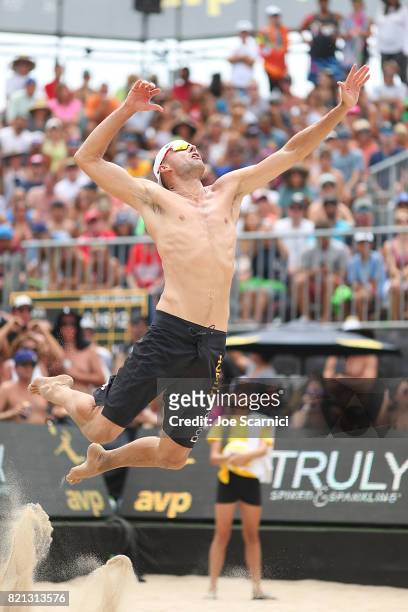Jake Gibb serves the ball during the men's final of the AVP Hermosa Beach Open on July 23, 2017 in Hermosa Beach, California.