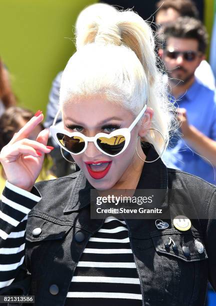 Christina Aguilera arrives at the Premiere Of Columbia Pictures And Sony Pictures Animation's "The Emoji Movie" at Regency Village Theatre on July...