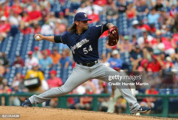 Michael Blazek of the Milwaukee Brewers throws a pitch in the fifth inning during a game against the Philadelphia Phillies at Citizens Bank Park on...