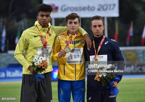 Armand Duplantis of Sweden wins the race of Pole Vault Men during European Athletics U20 Championships on July 23, 2017 in Grosseto, Italy.