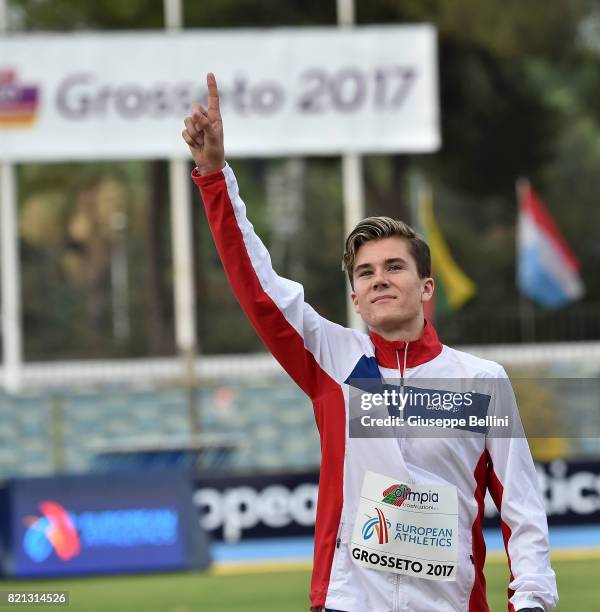 Jakob Ingebrigtsen of Norway wins the race of Steeplechase Men during European Athletics U20 Championships on July 23, 2017 in Grosseto, Italy.