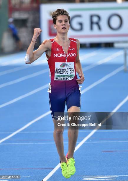 Jakob Ingebrigtsen of Norway wins the race of Steeplechase Men during European Athletics U20 Championships on July 23, 2017 in Grosseto, Italy.