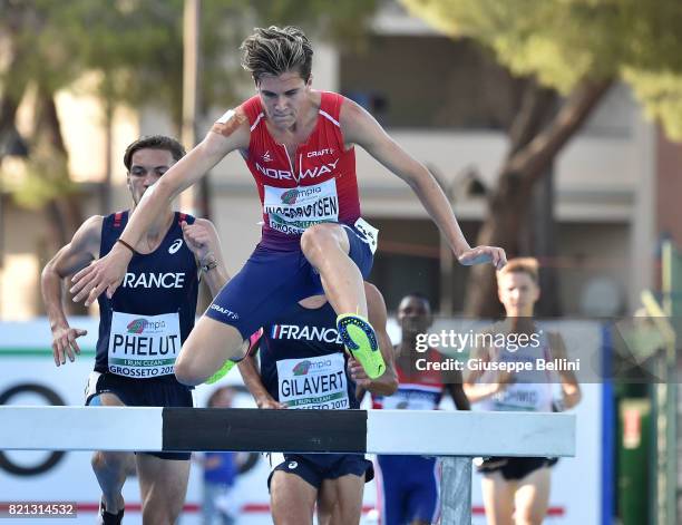 Jakob Ingebrigtsen of Norway wins the race of Steeplechase Men during European Athletics U20 Championships on July 23, 2017 in Grosseto, Italy.