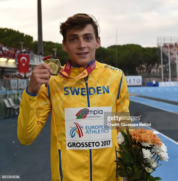 Armand Duplantis of Sweden wins the race of Pole Vault Men during European Athletics U20 Championships on July 23, 2017 in Grosseto, Italy.