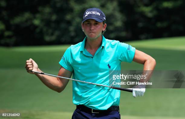 Smylie Kaufman of the United States reacts on the 15th green during the final round of the Barbasol Championship at the Robert Trent Jones Golf Trail...