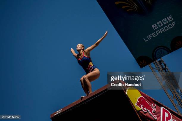 In this handout image provided by Red Bull, Rhiannan Iffland of Australia dives from the 21 platform during the third stop of the Red Bull Cliff...