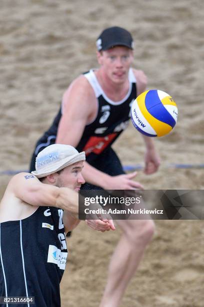 Lars Fluggen of Germany receives the ball in the men's final during FIVB Grand Tour - Olsztyn: Day 5 on July 23, 2017 in Olsztyn, Poland.