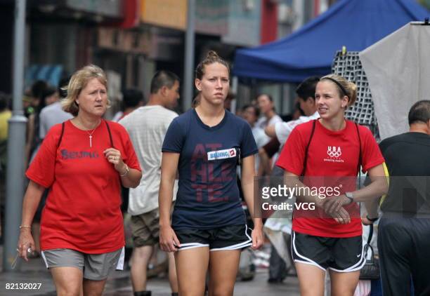 Members of the USA women's soccer team including Lindsay Tarpley and Lauren Cheney go shopping on July 31, 2008 in the commercial pedestrian area of...