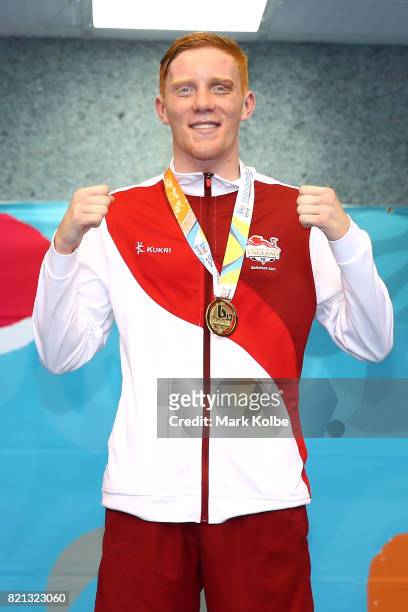 Aaron Bowen of England celebrates victory in the Boy's 75 kg Gold Medal bout between Aaron Bowen of England and Kane Tucker of Northern Ireland on...