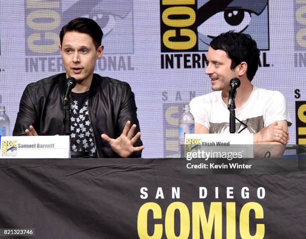 Actors Samuel Barnett and Elijah Wood at Dirk Gently's Holistic Detective Agency: BBC America Official Panel during Comic-Con International 2017 at...