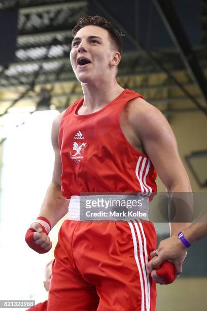 Sammy Lee of Wales celebrates victory in the Boy's 81kg Gold Medal bout between Sammy Lee of Wales and Lewis Johnstone of Scotland on day 6 of the...