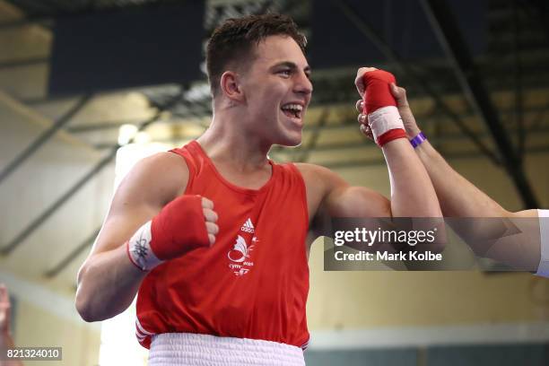 Sammy Lee of Wales celebrates victory in the Boy's 81kg Gold Medal bout between Sammy Lee of Wales and Lewis Johnstone of Scotland on day 6 of the...