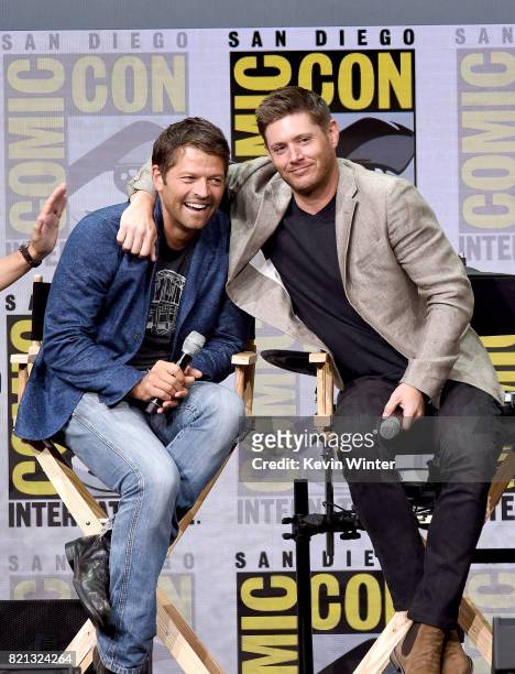 Actors Misha Collins and Jensen Ackles at the "Supernatural" panel during Comic-Con International 2017 at San Diego Convention Center on July 23,...