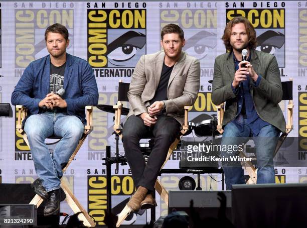 Actors Misha Collins, Jensen Ackles and Jared Padalecki at the "Supernatural" panel during Comic-Con International 2017 at San Diego Convention...